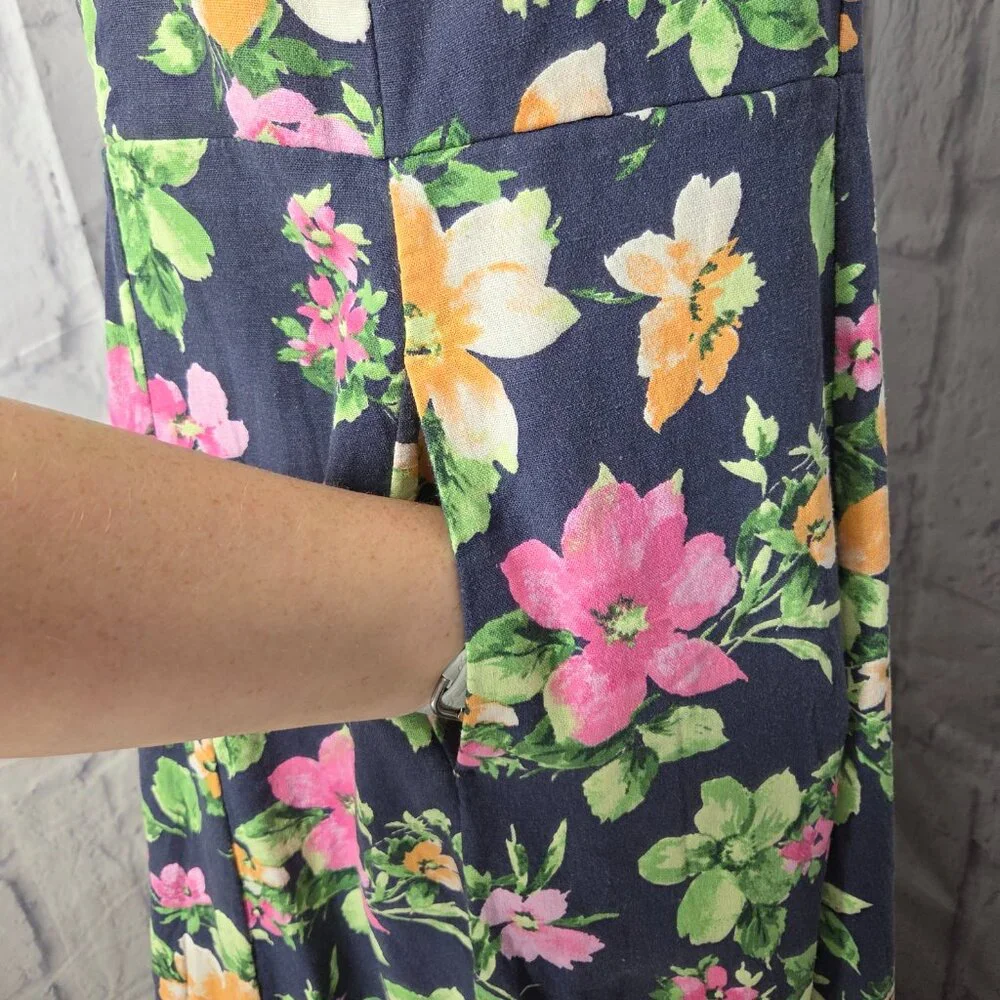 Old Navy Extra Large Navy Blue Floral Linen Blend Smocked Cottagecore Midi Dress - Picture 5 of 10